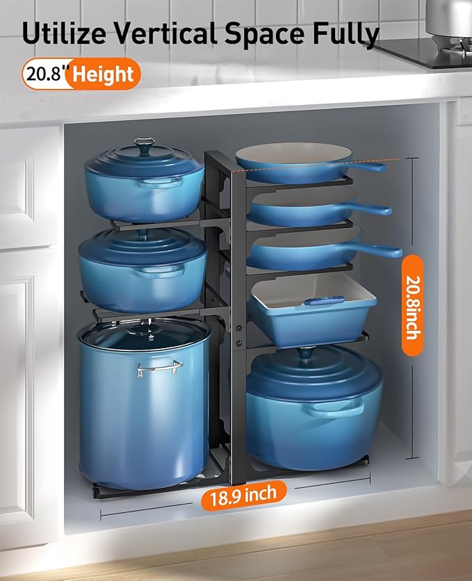 Pots and Pans Organizer Under Cabinet 20.8", 8-Tier Adjustable Black | 2 DIY Modes, Tool-Free Assembly, Max 120 Lbs, Fits Large Stockpots, Cast Iron Pans & Heavy Cookware, For Kitchen Cabinets