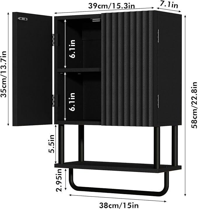 RUSTOWN Fluted Bathroom Wall Cabinet with 2 Doors, 3-Tier Medicine Cabinet | Modern Farmhouse Wall Mounted Cabinets, Over The Toilet Storage Cabinet, Adjustable Shelf and Towel Bar, Small