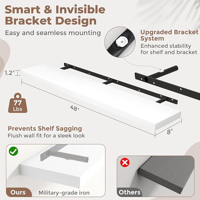 48 Inch Floating Shelves for Wall 2 Pack, 8"D Wood Grain Bathroom Shelves | Invisible Brackets, White Finish, Easy Install | Engineered Wood Storage Shelves for Kitchen, Study, Bedroom