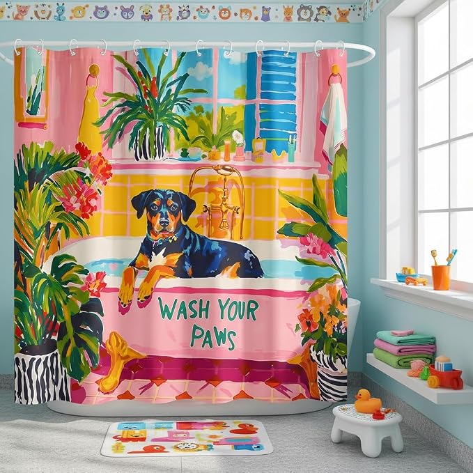 Accnicc Funny Dog Shower Curtain Boho Cute Rottweiler Shower Curtains for Bathroom Green Tropical Plants Pink Bathtub Matisse Decorative Unique Waterproof Fabric Bath Curtain Decor 72 X 72 Inches