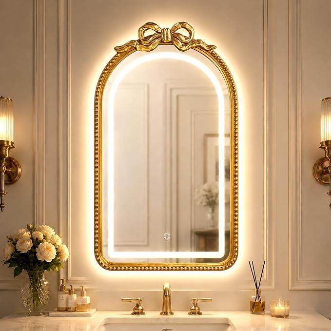 Vanity Mirror with Lights,LED Bathroom Mirror 31x20 Gold Bow Mirror | Mirror with Lights, LED Mirror, Bathroom Mirror with Lights, Lighted Mirror, Gold Bathroom Mirror,Vanity Mirror for Bathroom
