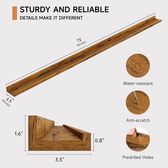 Floating Picture Ledge Shelves for Wall Set of 2, 72 Inches Picture Ledge Shelf with Long Large Nursery Book Shelf for Storage, Bookshelf Wall Mounted Living Room Decor Frames, Rustic Brown