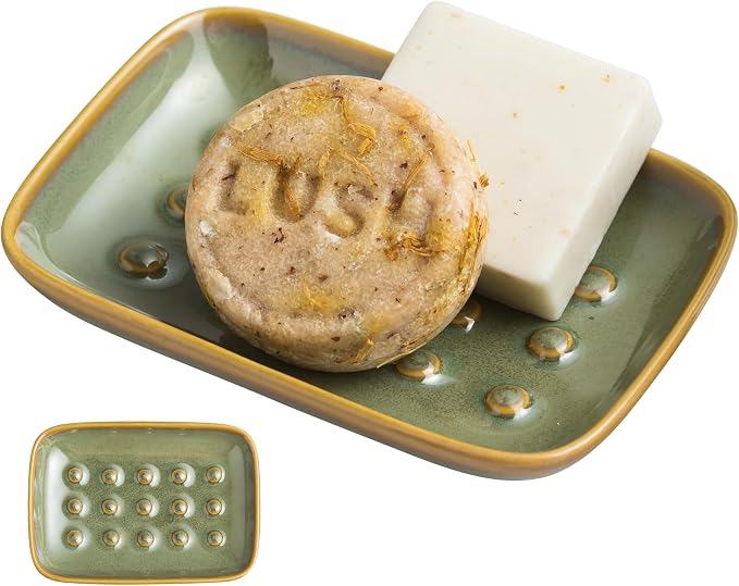 Miamolo Soap Dish for Shower & Bathroom, Floating Point Save Soap Loss | Ceramic Soap Holder Saver, Ideal for Kitchen Countertop | Versatile Tray for Sponges, Trinkets, Brushes, Easy Cleaning, Green