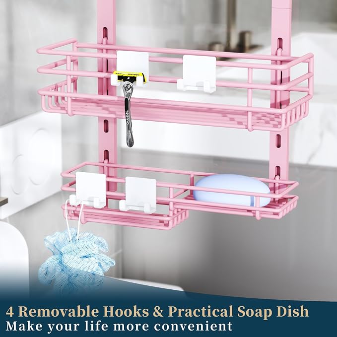 Consumest Over The Door Shower Caddy - 5 Tier Adjustable Shower Organizer Hanging with 2 Toothbrush Holders & 4 Hooks, Rustproof Organizer Shelf, Storage Rack for Bathroom, Pink