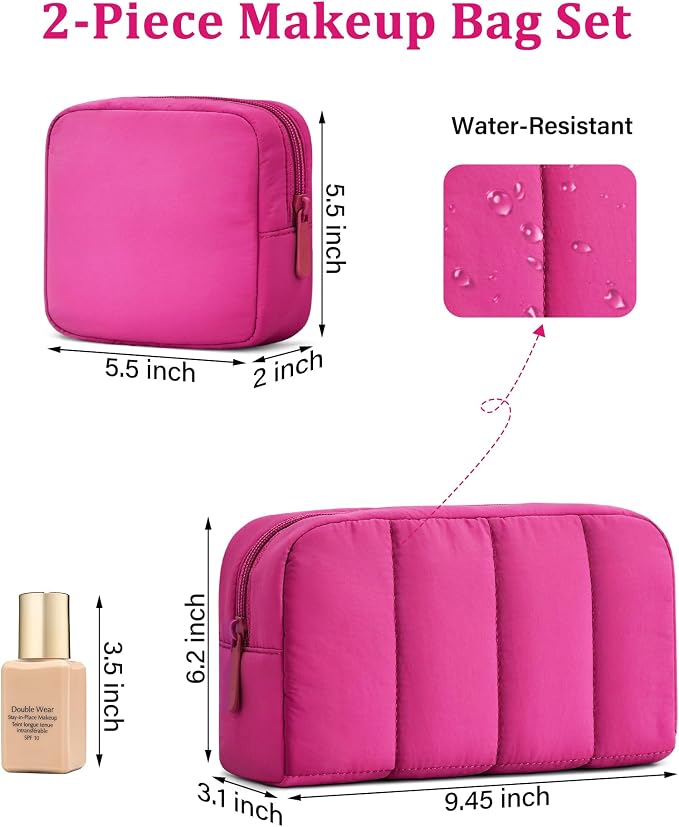 2 Pcs Makeup Bag Travel Toiletry Bag for Women Puffy Padded Cosmetic Pouch Purse Wide-open Makeup Organizer Case Travel Essentials