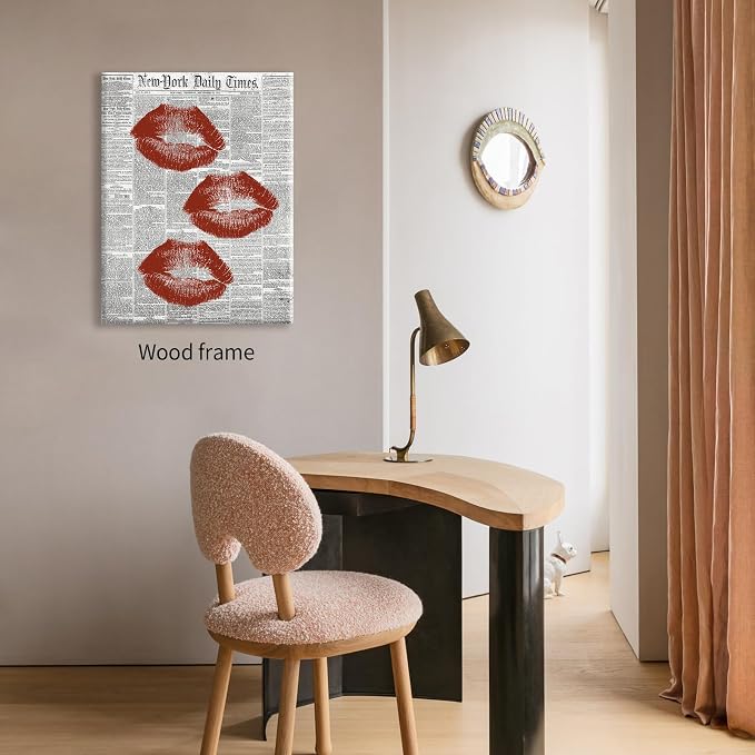 Black White Newspaper Canvas Wall Art Fashion Red Kiss Lips Aesthetic Poster 24X36 inch Framed Trendy Girly Sexy Canvas Prints for Bar Cart Makeup Room Wall Decor