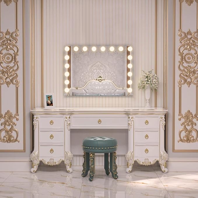 FENCHILIN Vanity Mirror with Lights, Hollywood Lighted Makeup Mirror with 18 Dimmable LED Bulbs for Dressing Room & Bedroom, Slim Metal Frame Design, White