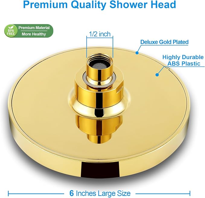 6" High Pressure Rain Shower Head, Luxury Gold Plated Finish | 6 Inch Fixed Bathroom Showerhead, Adjustable Replacement, 90 Anti-Clog Nozzles, Removable Restrictor, Tool-Free Easy Install