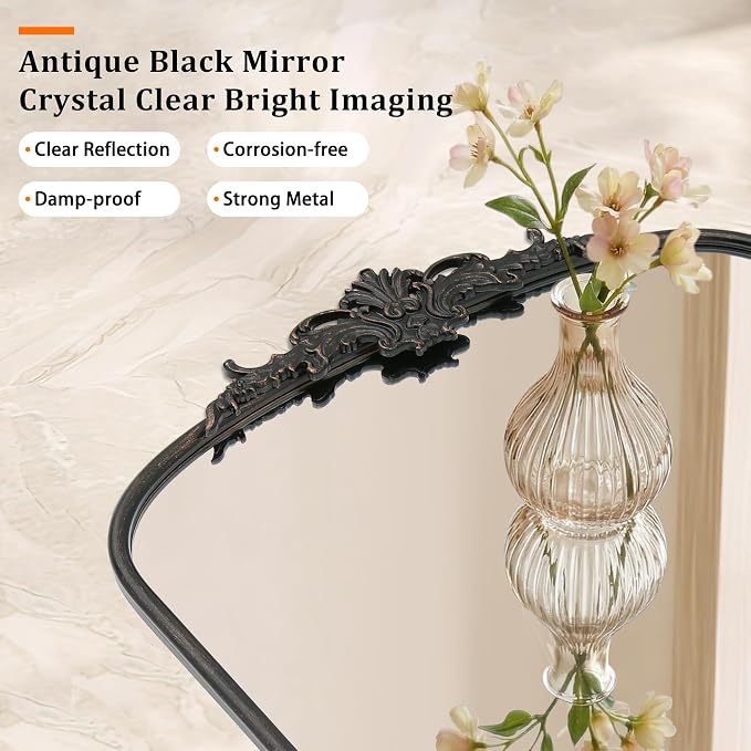 Besdomus Vintage Large Wall Mirror: 24"x42" French Black Arched Decorative | Antique Metal Framed Vanity Mirrors - Baroque Traditional Ornate for Hallway/Bath V/Fireplace - Ideal for Bath Remodeling