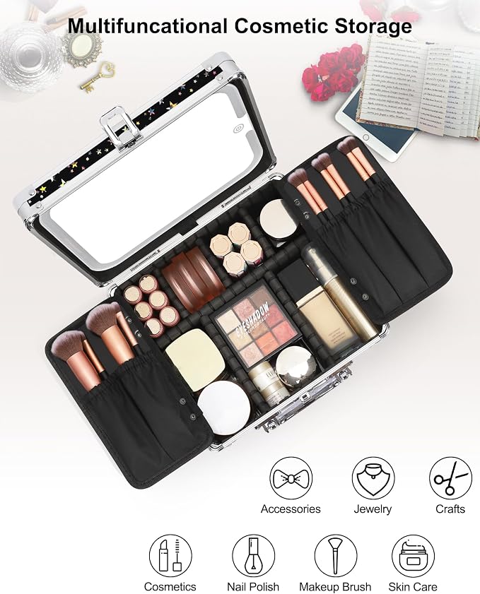 Relavel Makeup Bag with LED Mirror, Makeup Box Travel Train Case with Rechargeable Lighted Mirror, Cosmetic Brush Organizer Storage for Makeup Artists Gifts for Women and Girls (Black Star, Small)