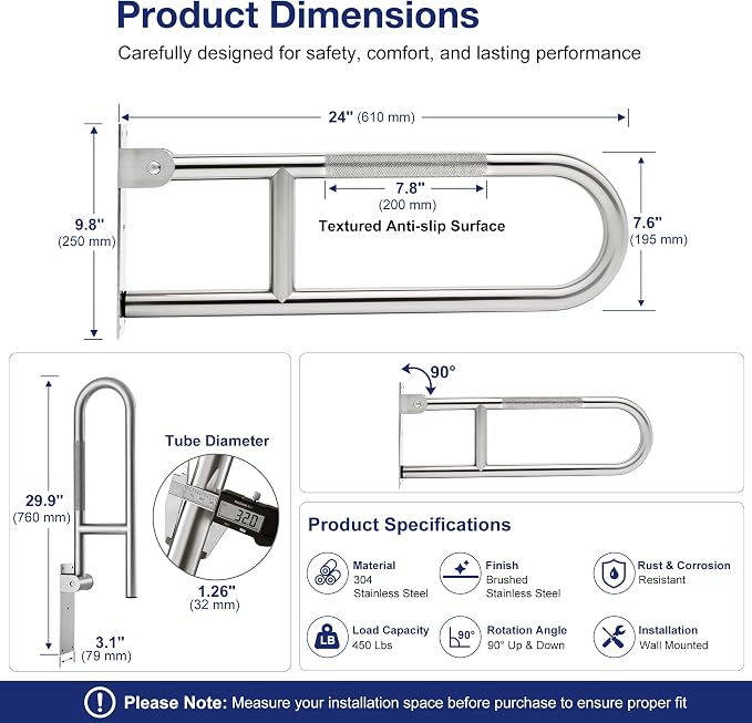 24 Inch Toilet Grab Bar-304 Stainless Steel Flip Up Handrail | Anti-slip grip| Brushed finish | Wall mount | Space saving fold up design | Template & hardware included