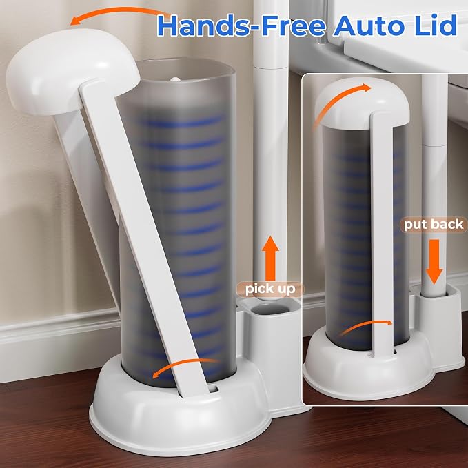 Disposable Toilet Brush Set with Caddy, 1 Handle, 54 Refills | Touch-free eject, secure-lock refill head, 17 in handle, auto-open floor caddy, 54 preloaded sponge refills for toilet bowls