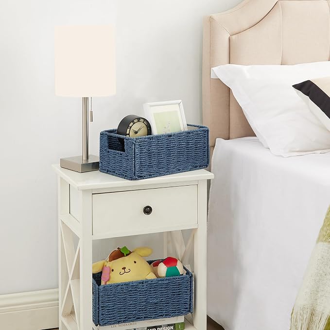Wicker Storage Basket, Set of 2 Hand-Woven Paper Rope Wicker Basket, Small Storage Baskets for Organizing Toilet Paper Basket, Foldable Large Cube Storage Organizer Bins for Shelves (Blue)