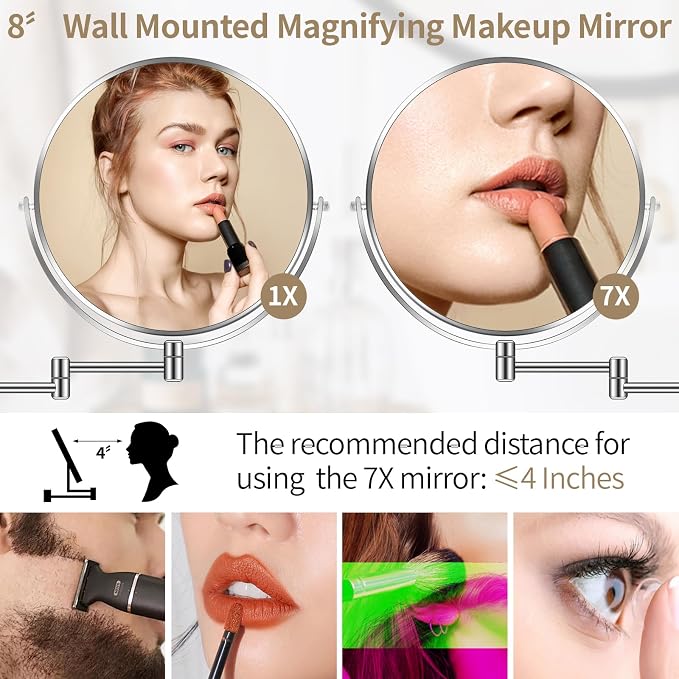 BTremary 8” Wall Mounted Magnifying Makeup Mirror 1X/7X Wall Mount Mirror Swing Arm Two-Sided 360° Swivel Bathroom Shaving Mirror for Men and Women in Hotel/Home, Chrome