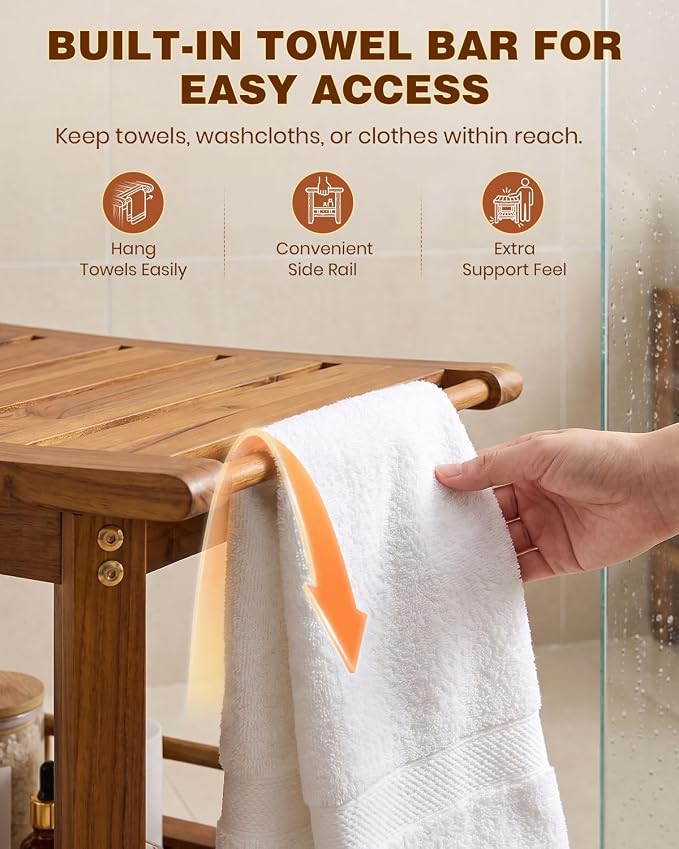 Saker 20inch Teak Shower Bench Wood Shower Stool Waterproof with Shelf | 100% Solid Shower Seat,2-Tier Shelf Non-Slip Feet wooden Shower Chair, 500 lb Capacity for Bathroom, Indoor & Outdoor Use