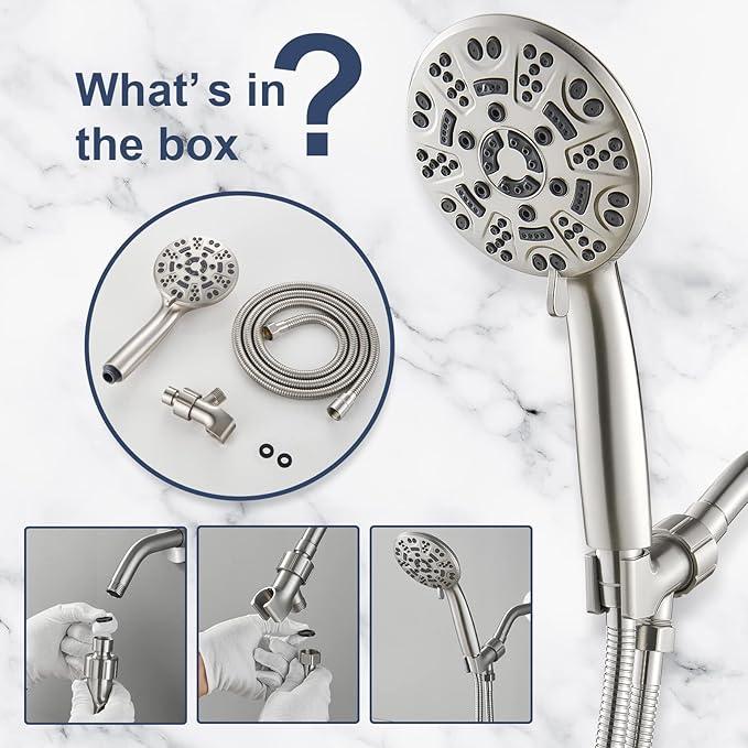 Cobbe 8-Setting Handheld Shower Head, Water-Saving Design, Brushed Nickel | Trickle Pause Mode, 5ft Stainless Steel Hose, Brass Swivel Bracket, Tool-Free Installation