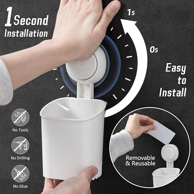 Powerful Suction Cup Toothbrush Holder, Drill-Free Wall Shower Holder for Toothbrush, Toothpaste, Razor, Removable Suction Cup in Shower, Self-draining Kitchen Tableware Organizer, White