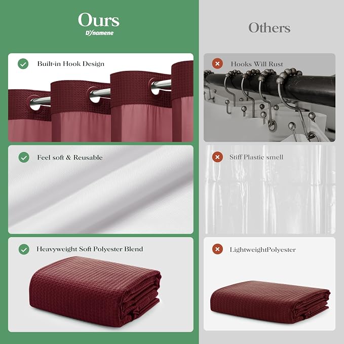 Burgundy Hook Free Waffle Shower Curtain & Snap Fabric Liner,72x87 | Less Time to install, 3 in 1 Fabric Shower Curtain and Liner Set with Magnets, Extra Long, Shower Curtains for Bathroom