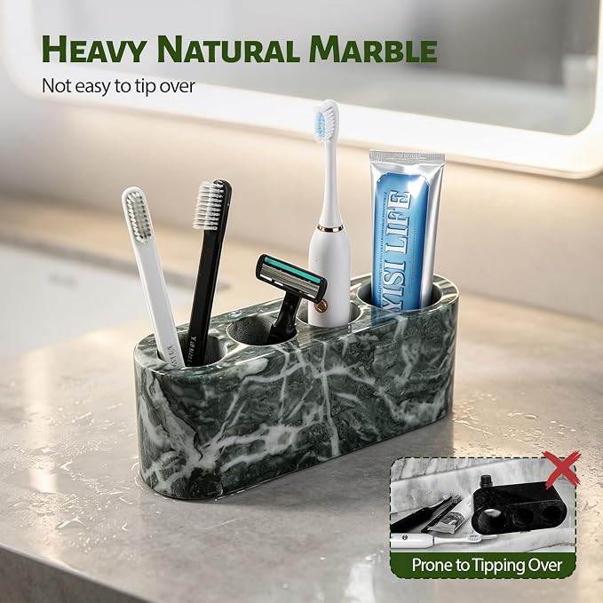 BCS Toothbrush Holder for Bathrooms, 4 Slots Marble Toothbrush and Toothpaste Holder Stand Bathroom Organizer Countertop for Electric Toothbrush, Floss, Razor, Comb - Verde
