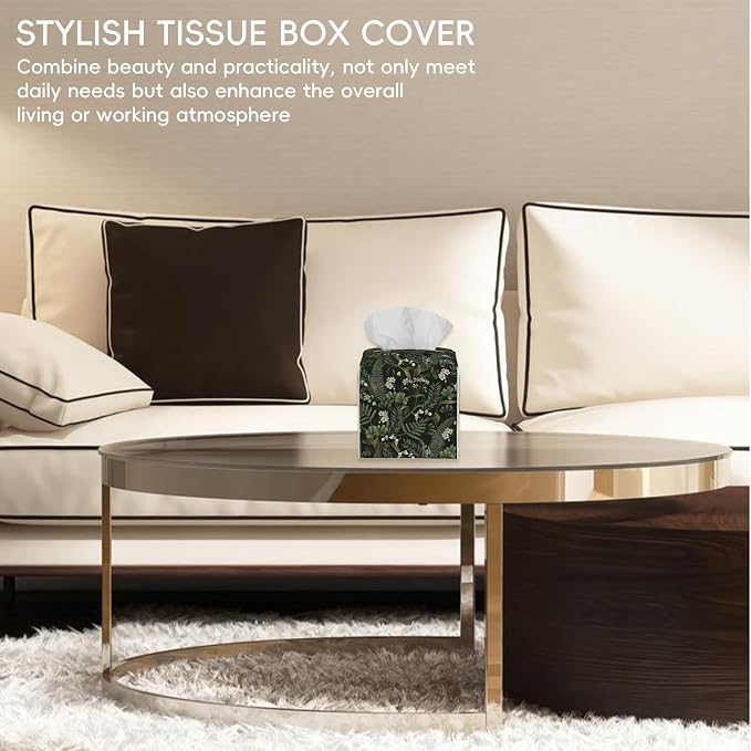Tissue Box Cover Leather Tissue Box Holder Cube Tissue Case Cover Facial Paper Organizer Dispenser for Bathroom, Vanity Countertop, Office Desk (White Flowers and Berries)