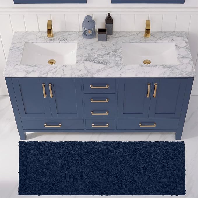 LuxUrux Plush Chenille Runner Rug – Ultra-Soft, Absorbent & Non-Slip Bath Mat for Bathroom, Hallway & More, Machine Washable (27 x 47 inches, Navy)