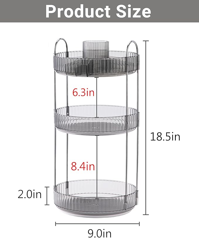 Asayuee 360 Rotating Makeup Organizer,3 Tier Large Capacity Make Up Organizers and Storage,Skincare Perfume Vanity Organizers,Bathroom Cosmetics Storage Organizer Countertop(Grey)
