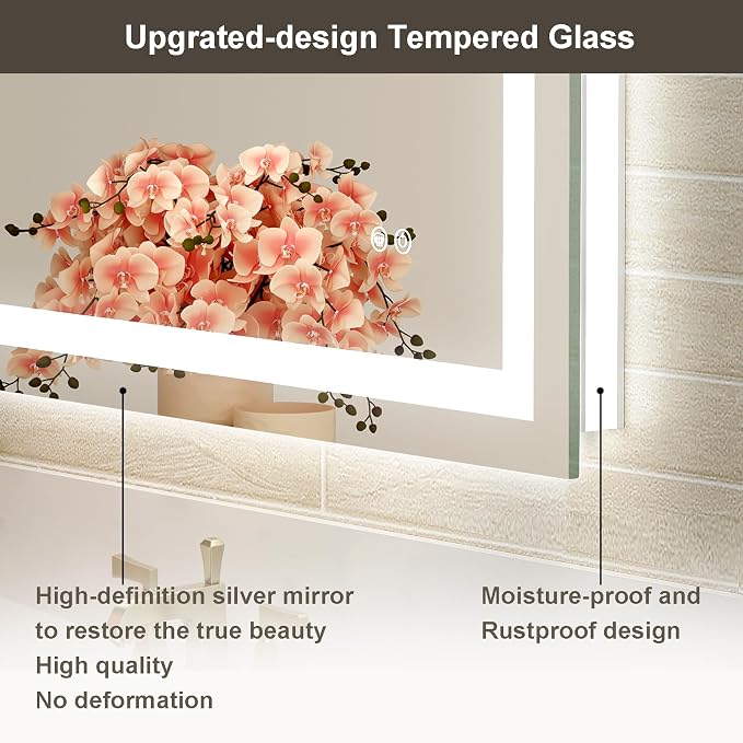 55x30 LED Bathroom Mirror with Lights, Brighter Backlit + Front Lit, Tempered Glass, Dimmable, Multiple Light Modes, Anti-Fog Lighted Bathroom Vanity Mirror for Wall, Memory Function