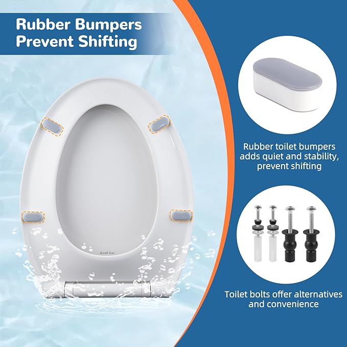 Universal Elongated/Oval Toilet Seat Soft-Close Cover, 4 PCS Toilet Bolts | White, One-Click Quick Release, Elongated Toilet Seat Replacement with Toilet Bumpers, Compatible with TOTO, Gerber, Kohler