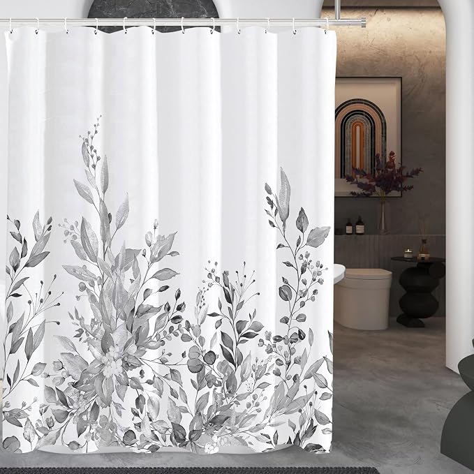 Tititex Light Grey Eucalyptus Shower Curtain, Watercolor Bright Gray Leaves Plant with Floral Bathroom Decoration Shower Curtain Sets 71x71 Inch with Hooks