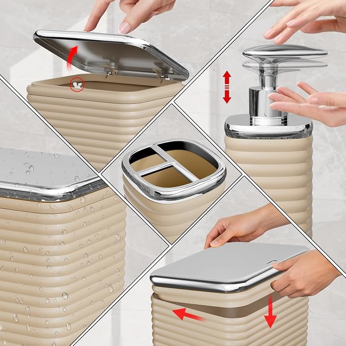 Bathroom Set - 25PC Bathroom Sets with Shower Curtain and Rugs, Beige Bathroom Set, Bathroom Accessory Set, Luxury Bathroom Accessories Set, Trash Can, Toilet Brush, Soap Dish & Soap Dispenser