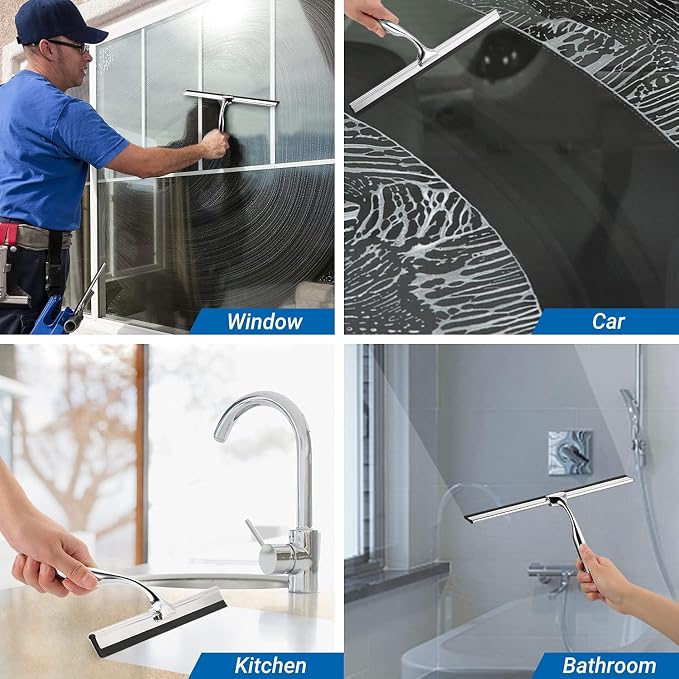 ecooe Shower Squeegee for Glass Doors,12" Large Shower Glass Cleaner | Silicone Blade with Stainless Steel Core, Streak-Free Wiper with Hanger for Bathroom, Kitchen, Car Windows & Mirrors, Siliver