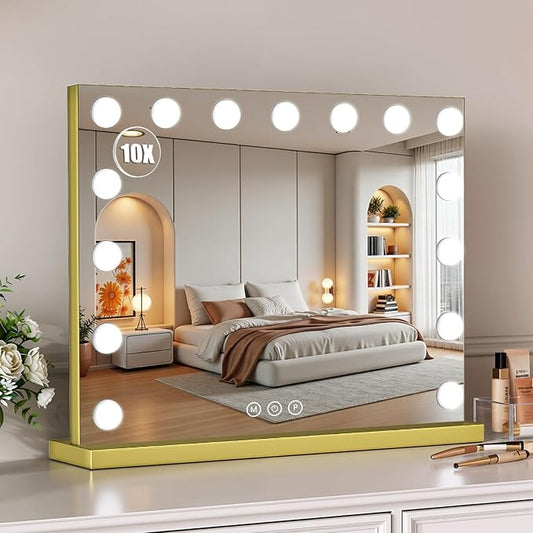Vanity Mirror with Lights, 23"×18" Large Hollywood Makeup Mirror with 15 Dimmable Bulbs, 3-Color Lighting, Dimmable, 10x Magnification, Desk Mirror, Bedroom (Gold)