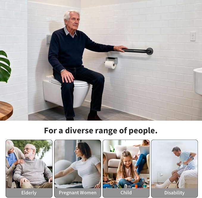 ZUEXT 20 Inch Matte Black Anti Slip Shower Grab Bar with Knurled Grip | Bathroom Balance Support Rail, Assist Handle for Handicap Seniors, Wall Mount Stainless Steel Bath Safety Handrail, 1.25" Dia