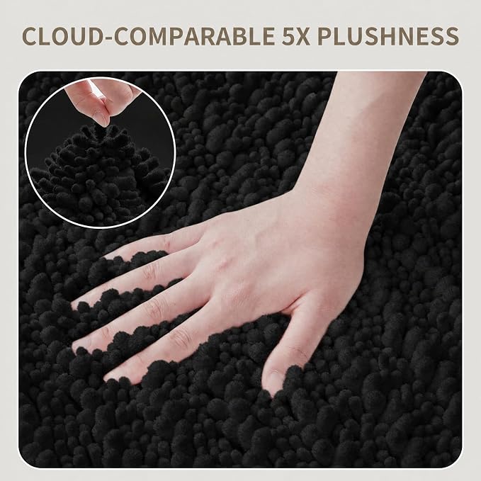 Bathroom Rugs Non Slip Washable 44x24, Extra Thick Soft Chenille Absorbent Bath Mat, High Density Barrier Non Slip Backing, Quick Dry Plush Shaggy Floor Carpet for Tub&Shower, Black