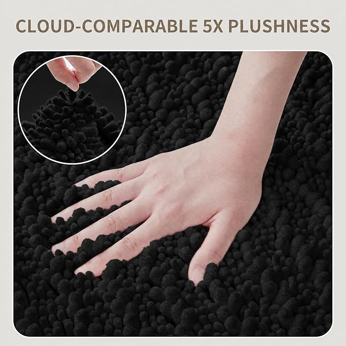 Bathroom Rugs Non Slip Washable 36x24, Extra Thick Soft Chenille Absorbent Bath Mat, High Density Barrier Non Slip Backing, Quick Dry Plush Shaggy Floor Carpet for Tub&Shower, Black