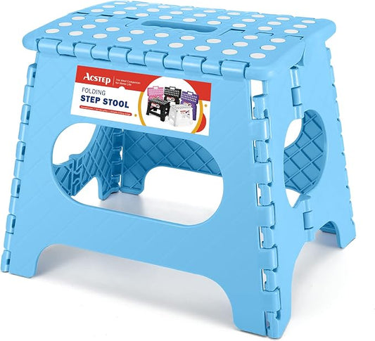 11 Inch Folding Step Stool for Kids, Non-Slip Foldable Stools, Blue | Heavy Duty Collapsible Foot Stool, Lightweight with Built-in Handle, Holds 300 lb for Adults Kitchen Bathroom Bedroom Outdoor