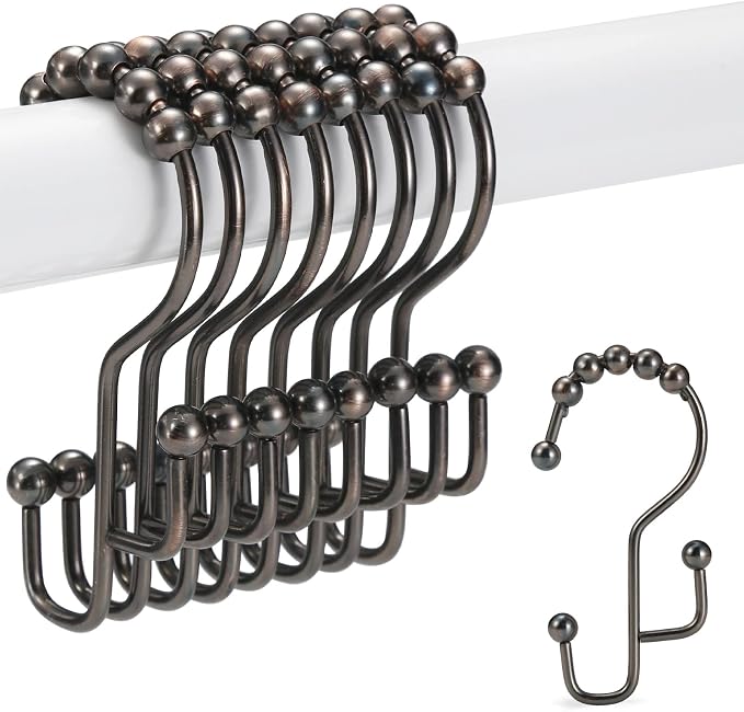 SUTINE Shower Curtain Rings & Hooks, Rust-Resistant Stainless Steel, Easy Sliding Double Hooks for Curtains & Liners, 12pcs-Bronze