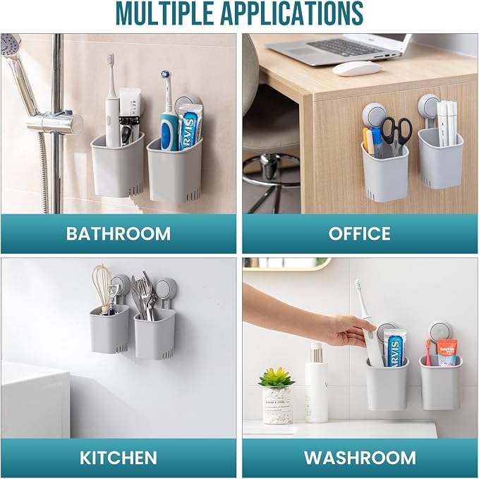 TAILI Suction Cup Toothbrush Holders for Bathroom Wall 2Pack, Gray | Shower Toothbrush and Toothpaste Holder, Drill-Free 1S Installtion, Removable Powerful Suction Cup Organizer, Self-draining