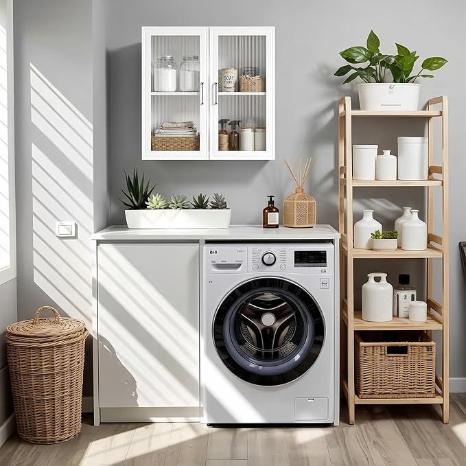 24” W Bathroom Wall Cabinet with Acrylic Glass Doors, Display Cabinet, Kitchen Wall Cabinets with Adjustable Shelf, Laundry Room Wall Mounted Cabinet, Medicine Wall Cabinet with Light (White)