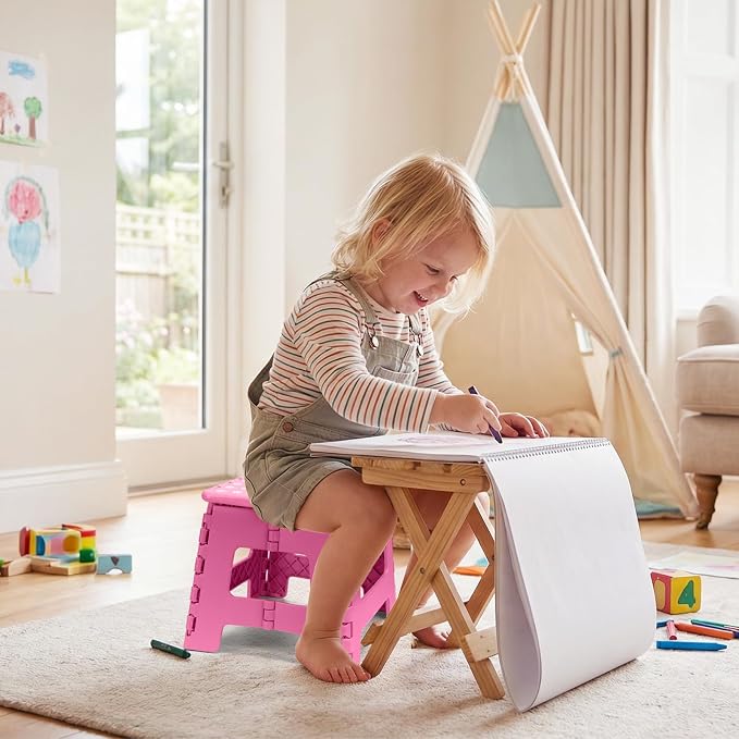 Dyforce Kids Step Stool 9 Inch, 300lbs Folding Step Stool for Toddler | Step stool Pink,Anti-slip Heavy Duty Stool with Handle, Lightweight Foldable Foot Stool for Bathroom Kitchen Bedroom Outdoor