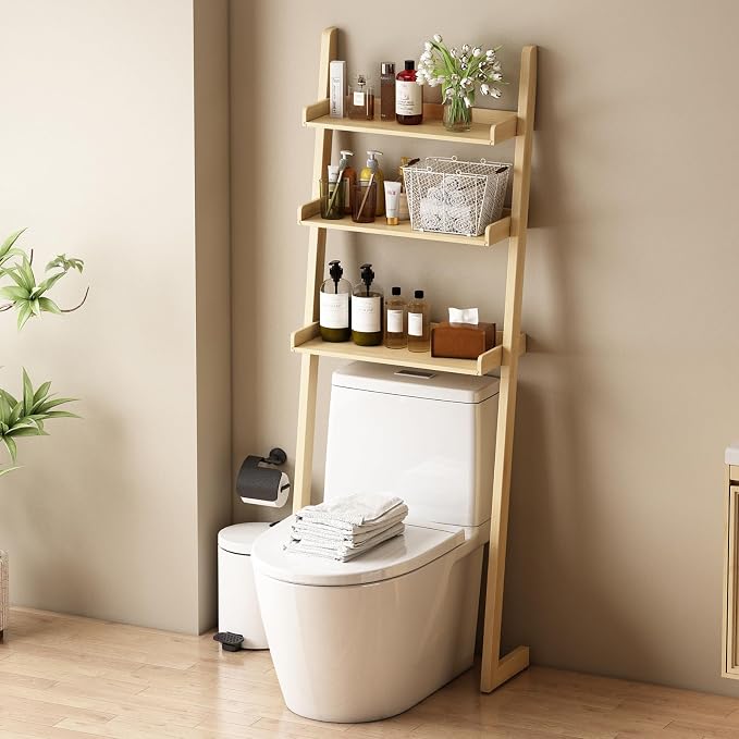 Solid Bamboo Over the Toilet Storage, 3-Tier Freestanding Toilet Shelf | Solid bamboo over toilet bathroom organizer, anti-slip base for stability, space-saving storage for bathroom and balcony