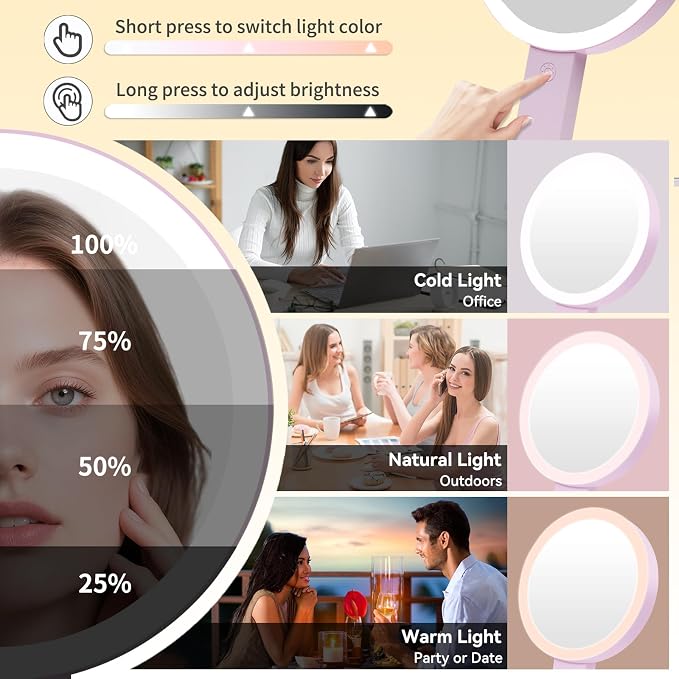 Travel Makeup Mirror with Lights for Women, Rechargeable Double-Sided 30X/1X Magnifying Mirror, Portable Lighted Vanity Mirror for Travel, Trips, Daily Makeup, 64 LED Lights, 3 Color Dimmable Lighting