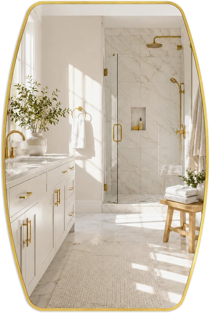 Brushed Gold Curved Rectangle Bathroom Mirror, 24x36 Inch | Aluminum alloy frame, tempered glass, two-way keyhole mount, for bedroom, dresser, hallway