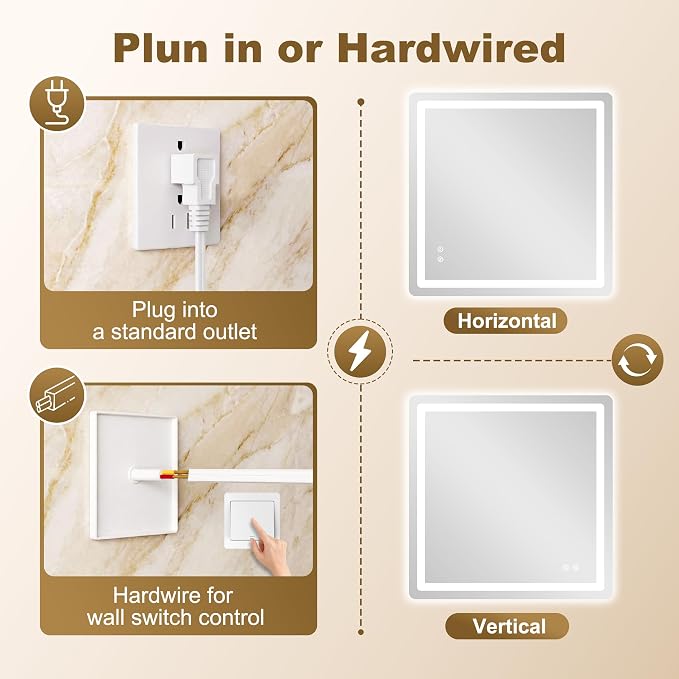 LED Bathroom Mirror with Lights, 30" x 30" Lighted Vanity Mirror | Frontlight+Backlit, 3 Colors Dimmable Brightness, Anti-Fog, Memory Function, Shatterproof Tempered Glass, Horizontal/Vertical