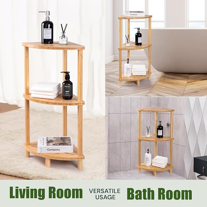 Corner Shower Caddy Stand, Bamboo Shower Organizer Standing with Anti-Slip Feet, Bathroom Corner Shelf,Waterproof & Durable, Space-Saving Design Storage for Kitchen or Living Room