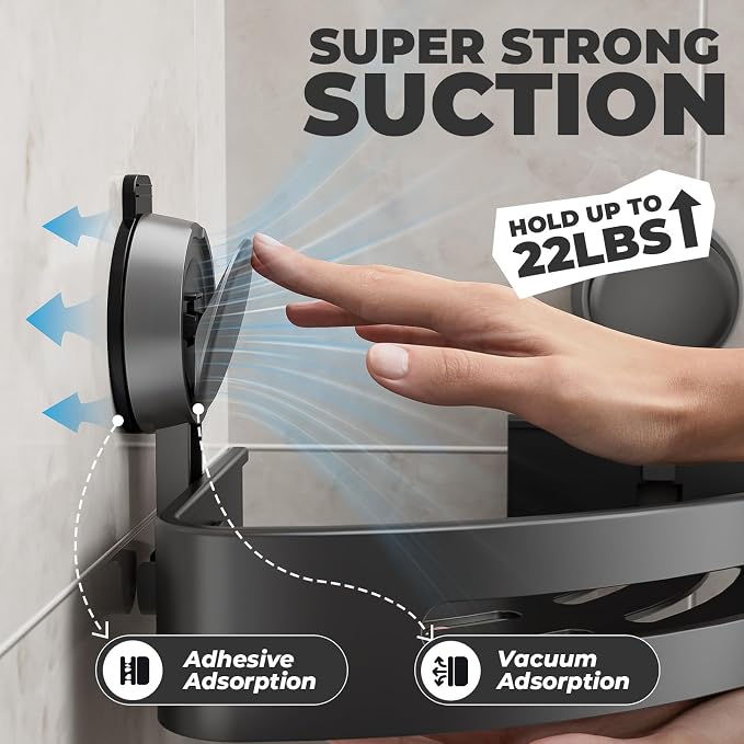 Corner Shower Caddy Suction Cup,Shower Shelves with Hooks,No Drilling Powerful Upgrade Suction Bathroom Corner Organizers and Storage,Removable Waterproof Rustproof Shower Shelf Bathroom Decor