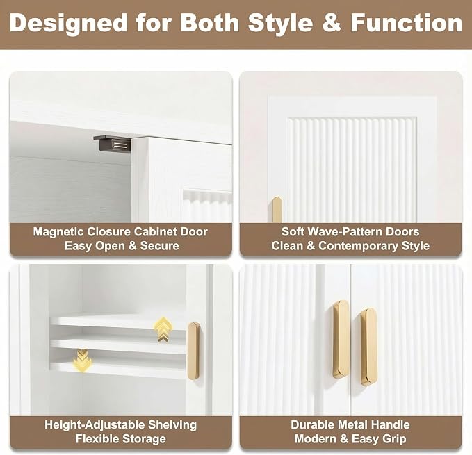 Bathroom Storage Cabinet, Over The Toilet Storage Cabinet, Medicine Cabinet with Adjustable Wood Shelf & Doors for Laundry Room & Kitchen & Living Room(White)