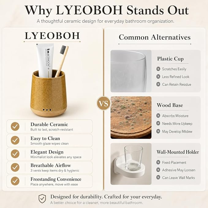 LYEOBOH Toothbrush Holder, Toothbrush Storage, Toothbrush Cup Yellow | Ceramic Toothpaste and Toothbrush Holder, Farmhouse Tooth Brush Organizer for Bathroom Counter & Shower