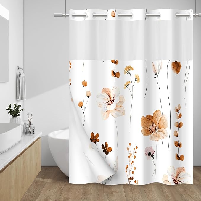 No Hook Floral Shower Curtain with Liner, Burnt-Orange, 71x74 | Snap in Liner, 3 in 1, Water Repellent, Easy Install, Machine Washable, Hotel Style for Bathroom, Watercolor Pattern