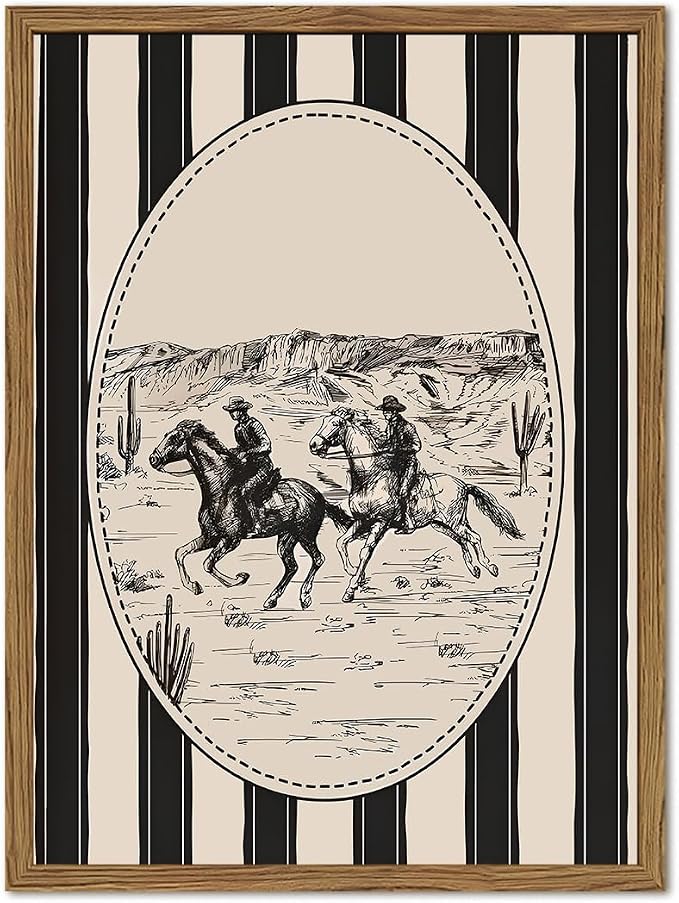 Western Cowboy Drawing Wall Art Black and white Cowboy Stripe Wall Decor Painting, Vintage Rodeo Sketch Poster Canvas Print Picture for Living Room Bedroom 12x16 inch Wood Framed